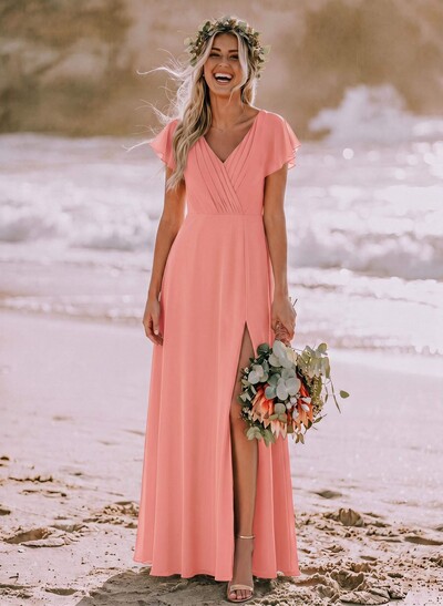 Long Chiffon Bridesmaid Dresses With V-Neck