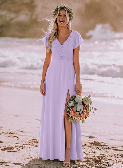 Long Chiffon Bridesmaid Dresses With V-Neck