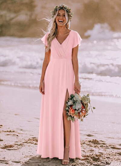 Long Chiffon Bridesmaid Dresses With V-Neck