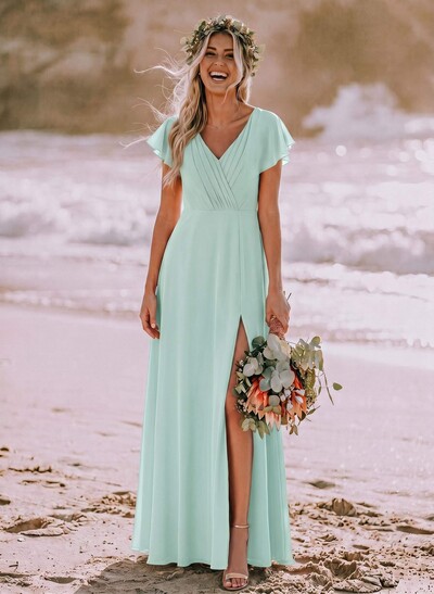Long Chiffon Bridesmaid Dresses With V-Neck