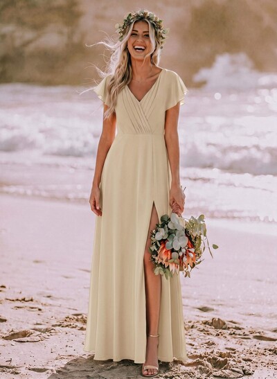 Long Chiffon Bridesmaid Dresses With V-Neck