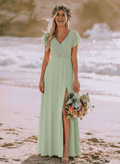 Long Chiffon V-Neck Bridesmaid Dresses