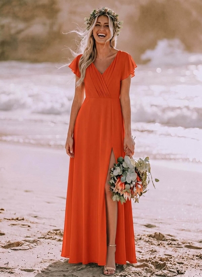 Long Chiffon Bridesmaid Dresses With V-Neck