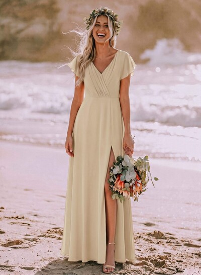 Long Chiffon Bridesmaid Dresses With V-Neck