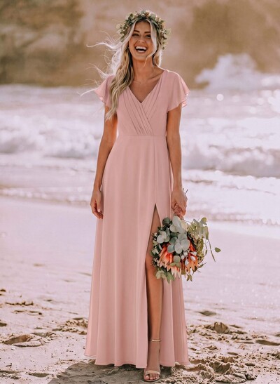 Long Chiffon Bridesmaid Dresses With V-Neck
