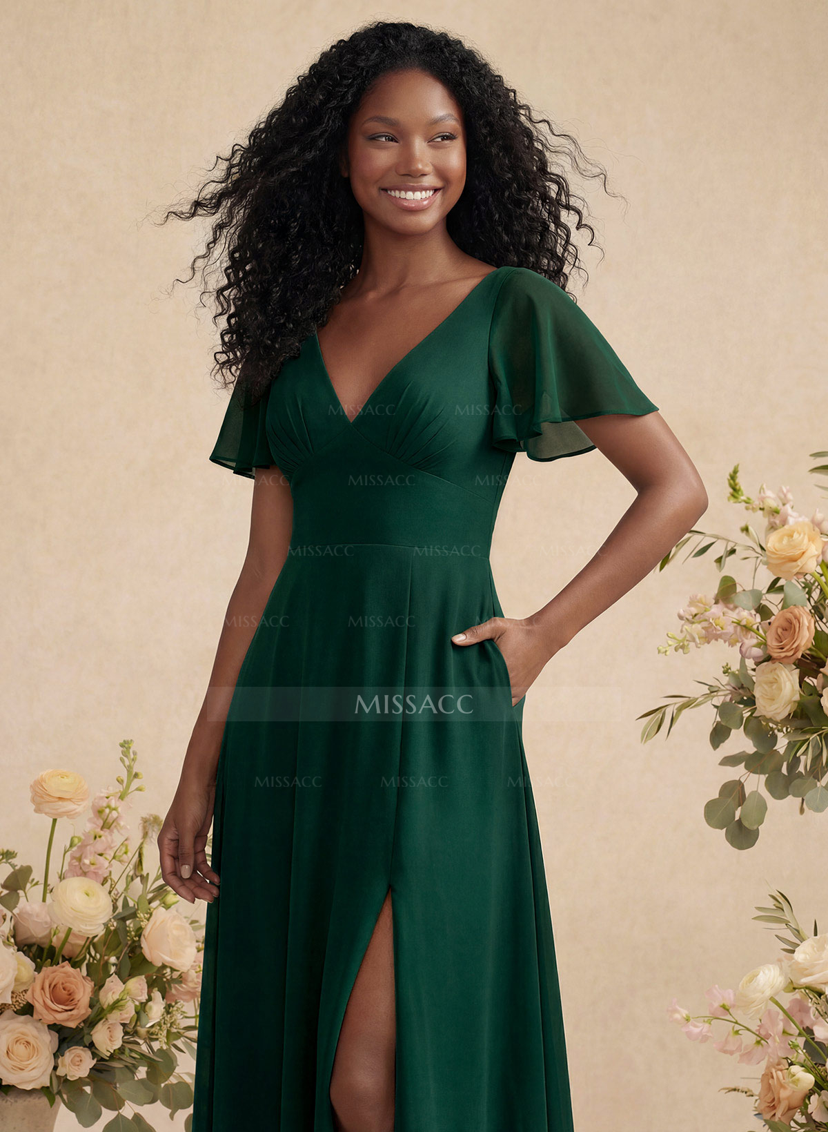A-Line Split Front Bridesmaid Dress With Back Hole