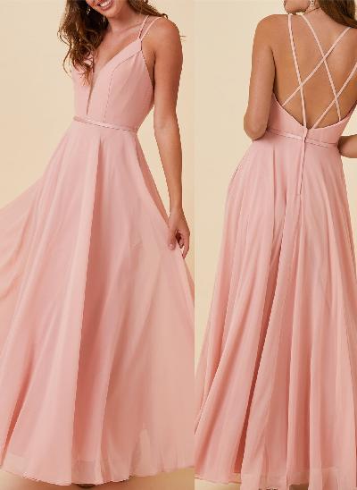 Pink Open Back A-Line Bridesmaid Dresses With V-neck 