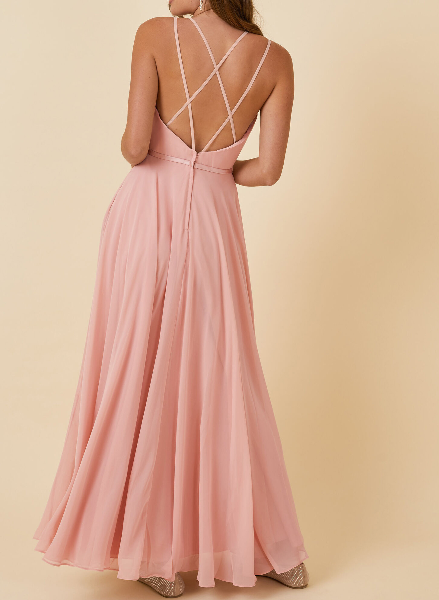 Pink Open Back A-Line Bridesmaid Dresses With V-neck 