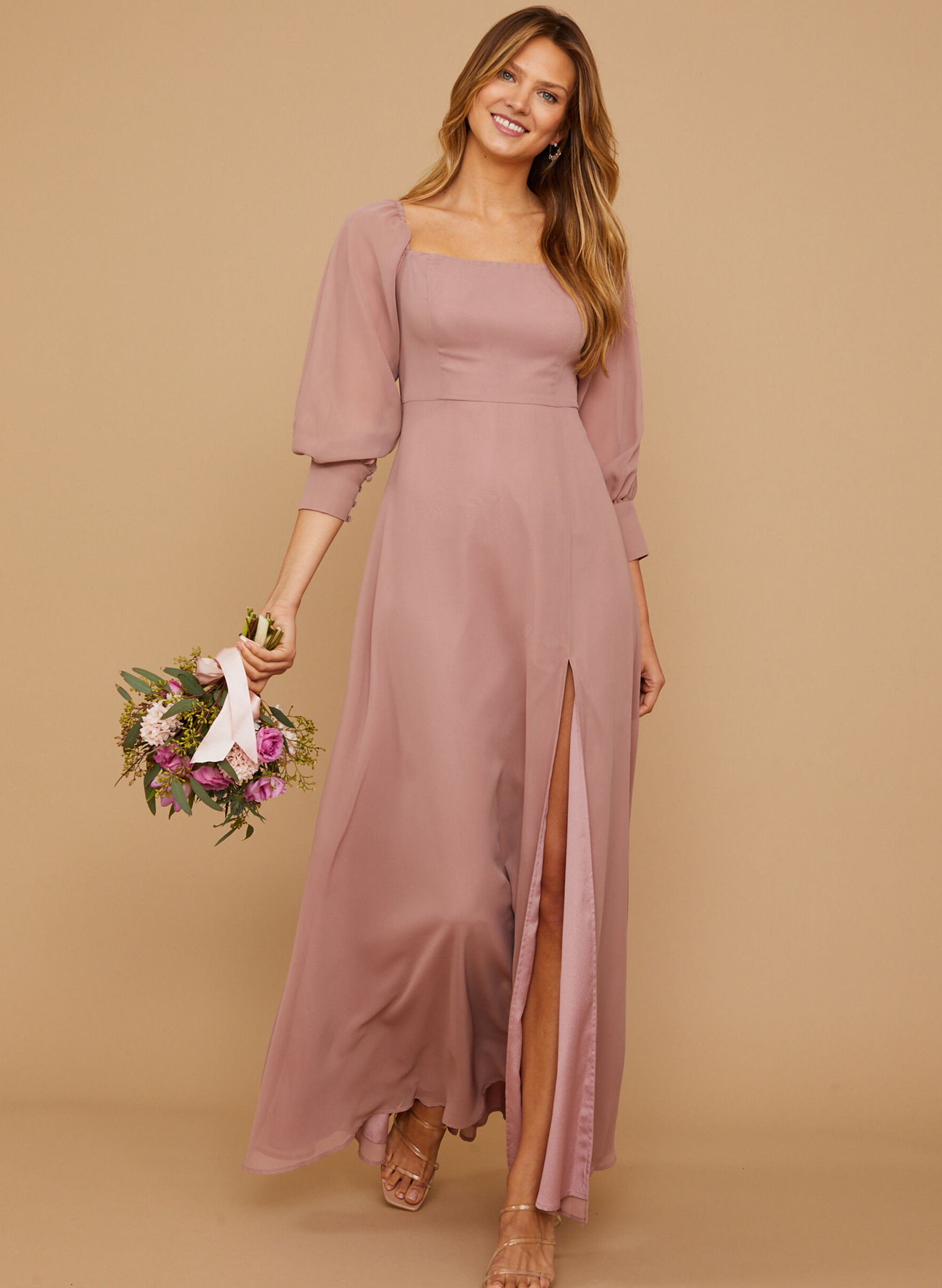 Long Sleeves Square Neckline Chiffon Bridesmaid Dresses With A-Line