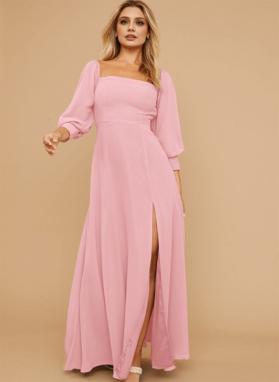 Long Sleeves Square Neckline Chiffon Bridesmaid Dresses With A-Line