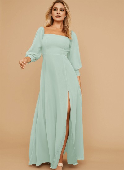 Long Sleeves Square Neckline Chiffon Bridesmaid Dresses With A-Line