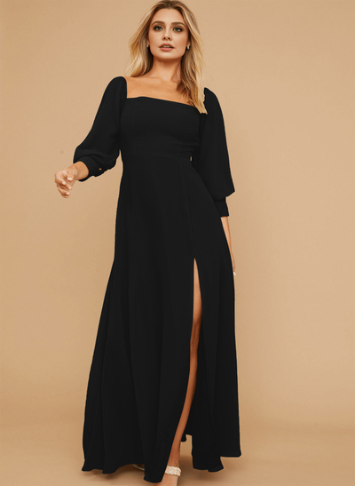Long Sleeves Square Neckline Chiffon Bridesmaid Dresses With A-Line