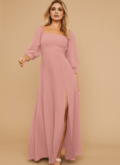 Long Sleeves Square Neckline Chiffon Bridesmaid Dresses With A-Line
