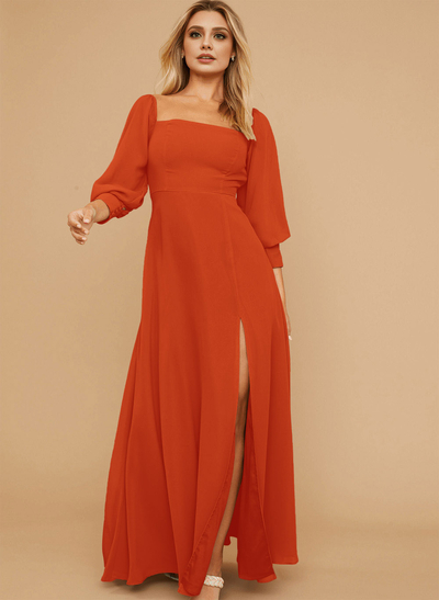 Long Sleeves Square Neckline Chiffon Bridesmaid Dresses With A-Line