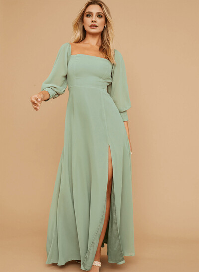 Long Sleeves Square Neckline Chiffon Bridesmaid Dresses With A-Line