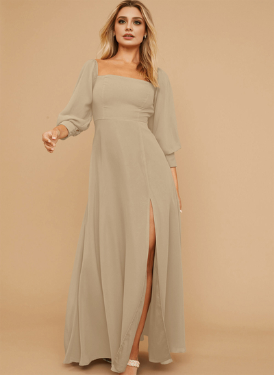Long Sleeves Square Neckline Chiffon Bridesmaid Dresses With A-Line