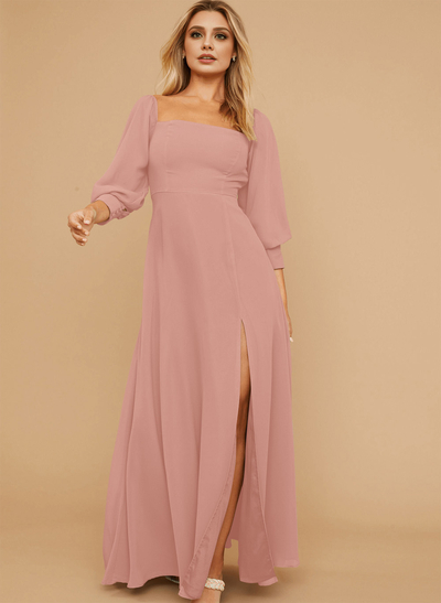 Long Sleeves Square Neckline Chiffon Bridesmaid Dresses With A-Line