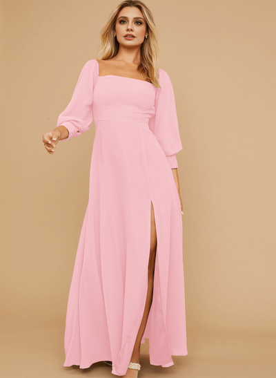 Long Sleeves Square Neckline Chiffon Bridesmaid Dresses With A-Line
