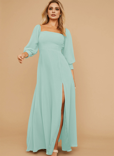 Long Sleeves Square Neckline Chiffon Bridesmaid Dresses With A-Line