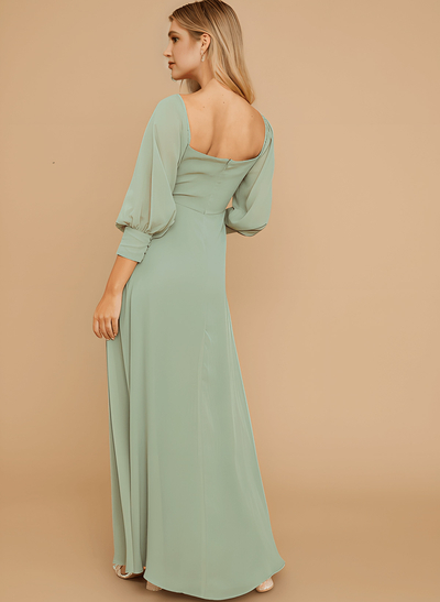 Long Sleeves Square Neckline Chiffon Bridesmaid Dresses With A-Line