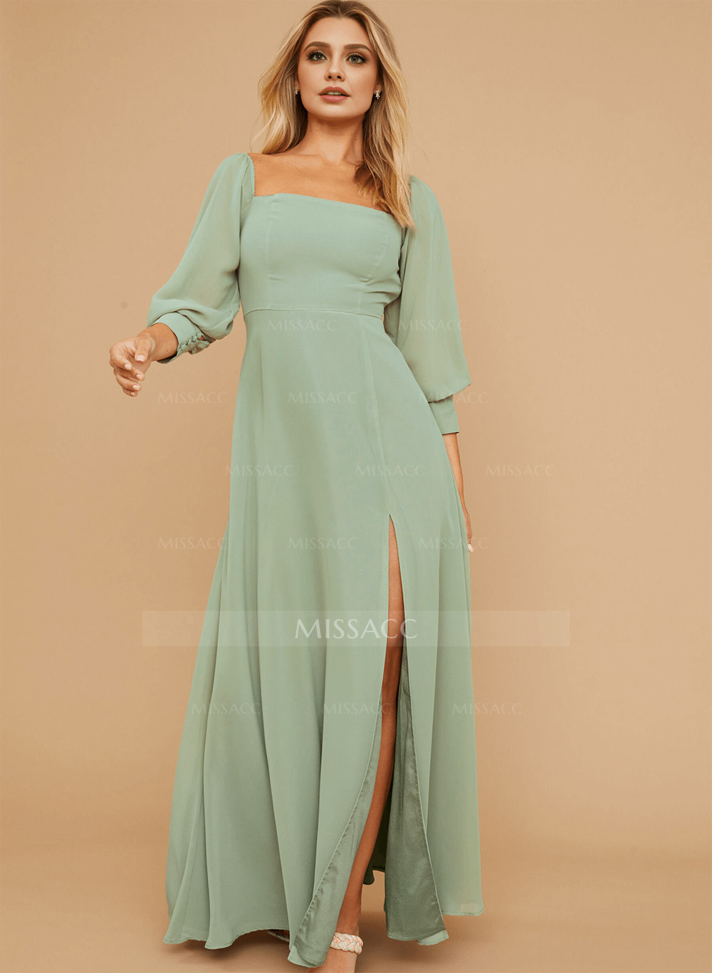 Long Sleeves Square Neckline Chiffon Bridesmaid Dresses With A-Line