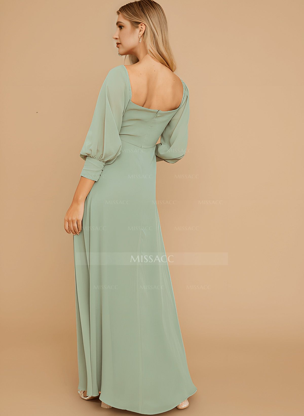 Long Sleeves Square Neckline Chiffon Bridesmaid Dresses With A-Line