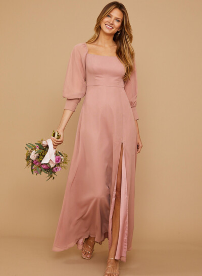 Long Sleeves Square Neckline Chiffon Bridesmaid Dresses With A-Line