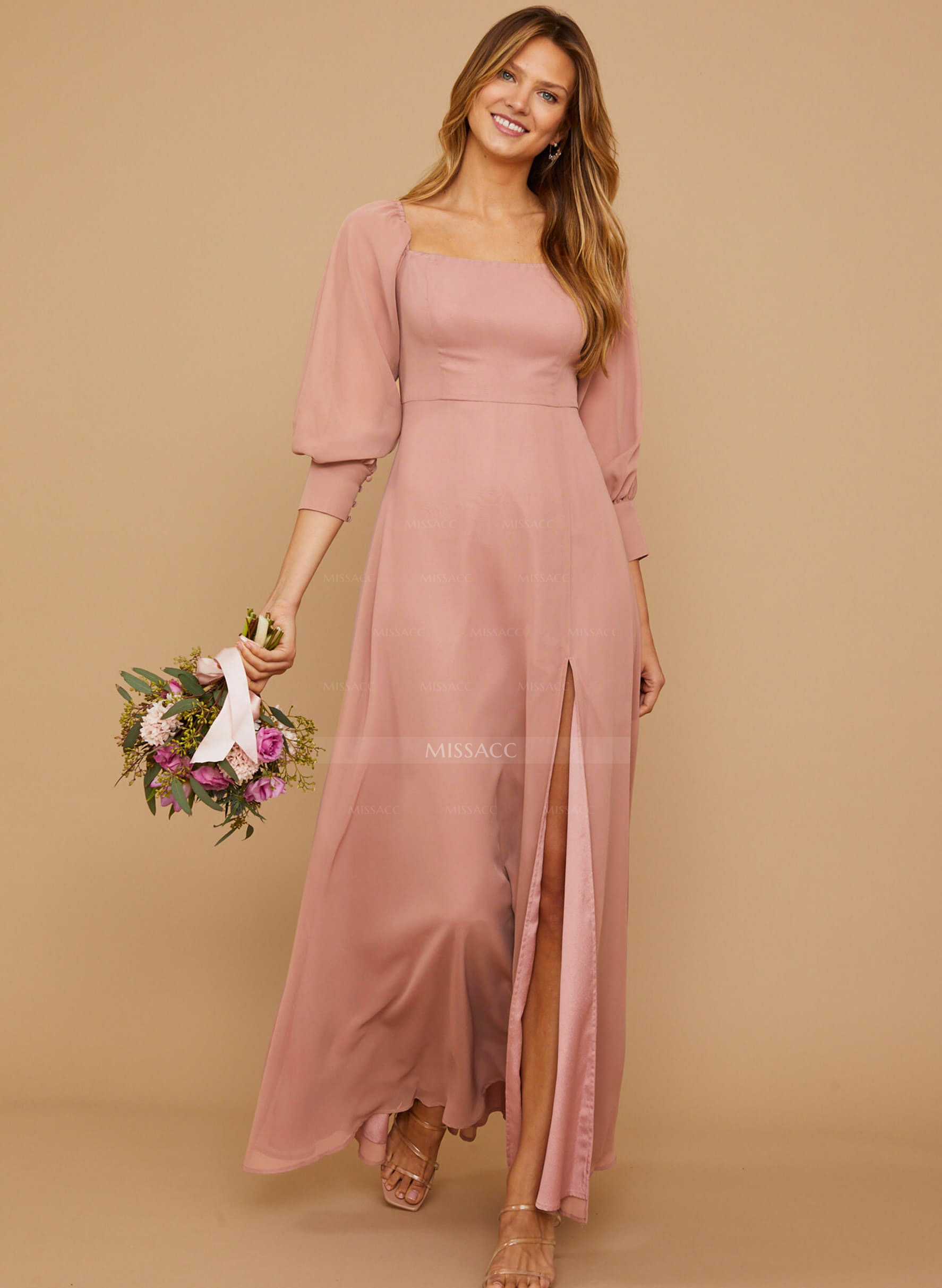Long Sleeves Square Neckline Chiffon Bridesmaid Dresses With A-Line