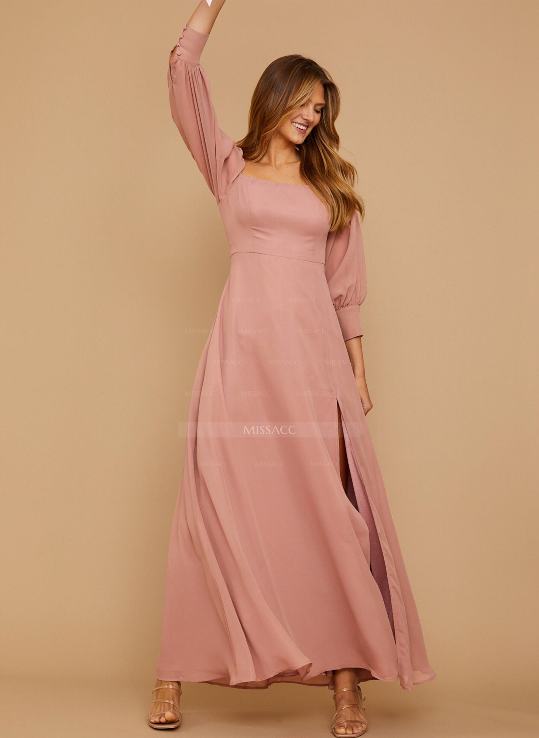 Long Sleeves Square Neckline Chiffon Bridesmaid Dresses With A-Line