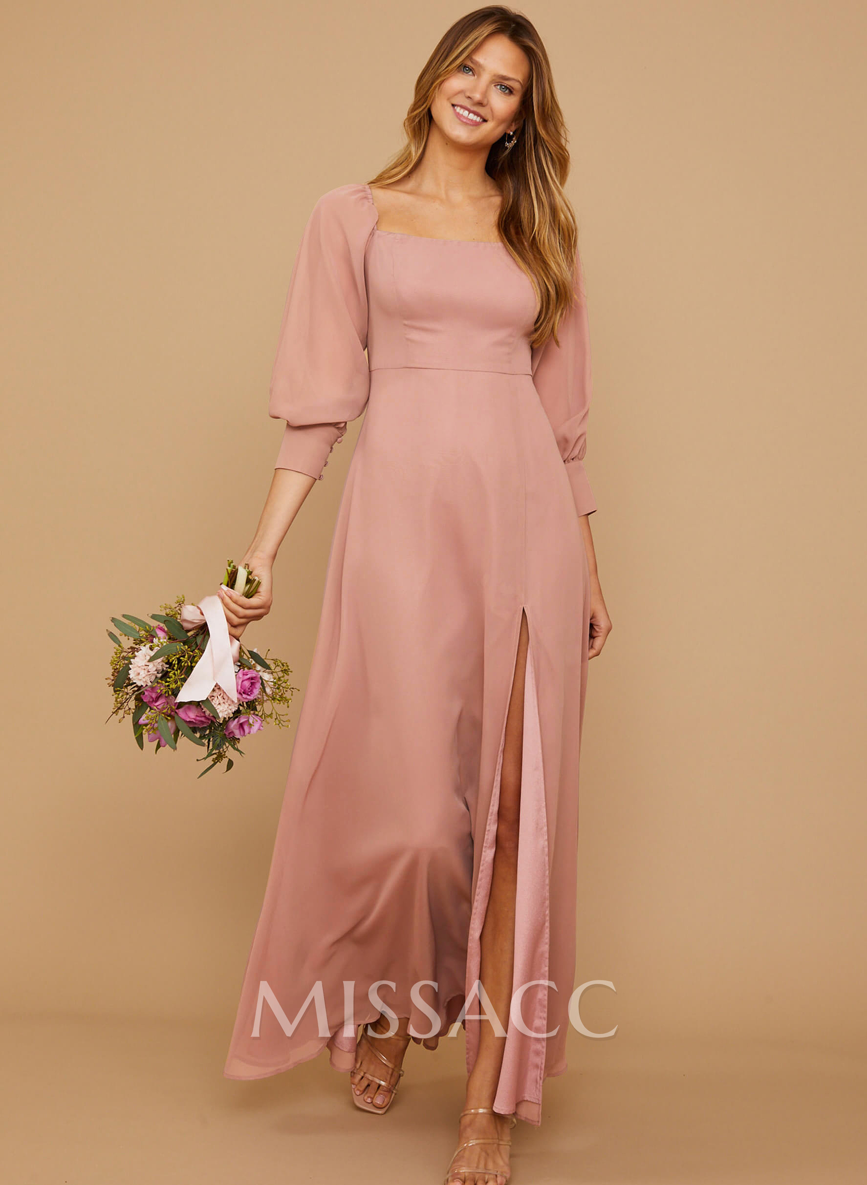 Long Sleeves Square Neckline Chiffon Bridesmaid Dresses With A-Line Long Sleeves Square Neckline Chiffon Bridesmaid Dresses With A-Line