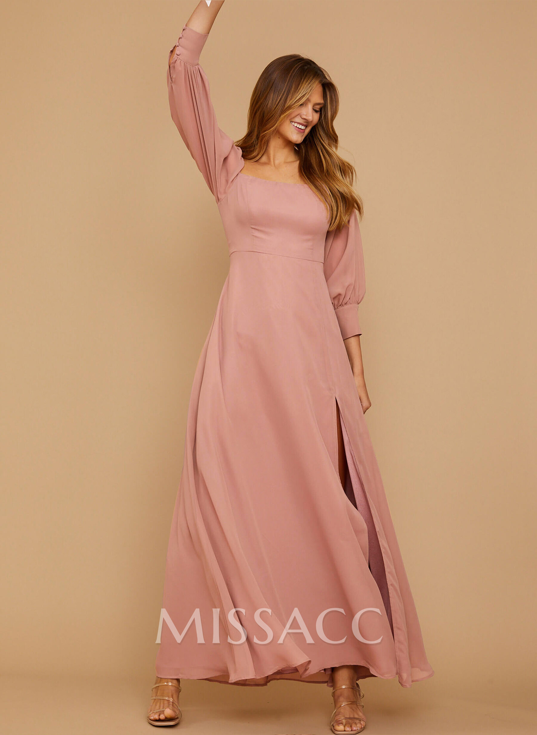 Long Sleeves Square Neckline Chiffon Bridesmaid Dresses With A-Line Long Sleeves Square Neckline Chiffon Bridesmaid Dresses With A-Line