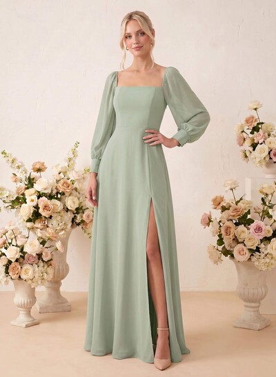 Long Sleeves Square Neckline Chiffon Bridesmaid Dresses With A-Line