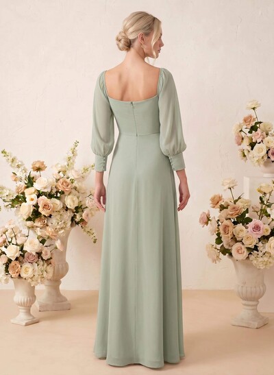 Long Sleeves Square Neckline Chiffon Bridesmaid Dresses With A-Line