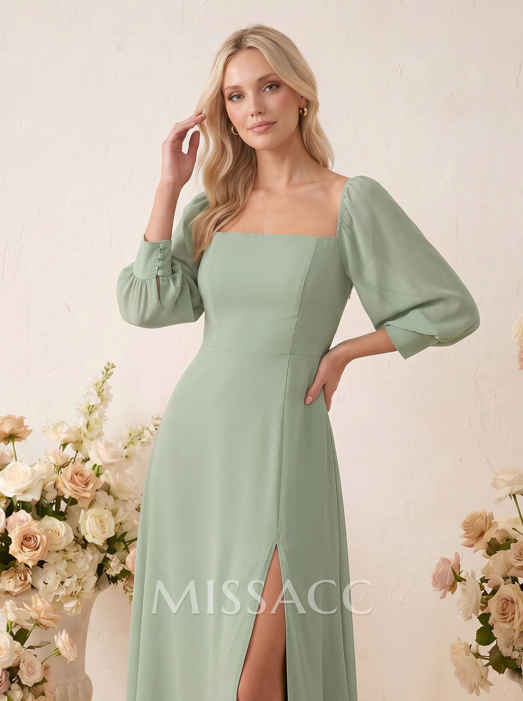Long Sleeves Square Neckline Chiffon Bridesmaid Dresses With A-Line Long Sleeves Square Neckline Chiffon Bridesmaid Dresses With A-Line