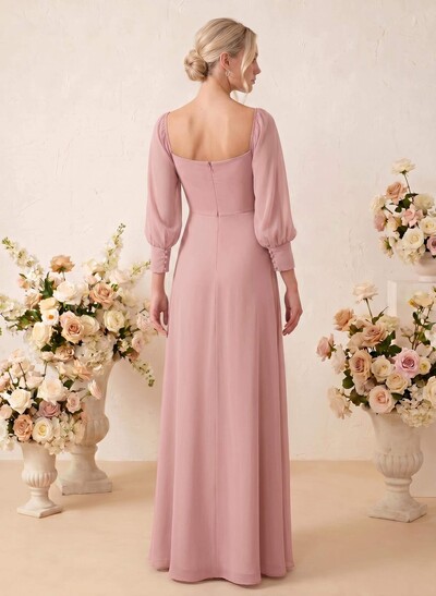 Long Sleeves Square Neckline Chiffon Bridesmaid Dresses With A-Line