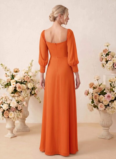Long Sleeves Square Neckline Chiffon Bridesmaid Dresses With A-Line