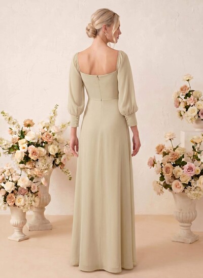 Long Sleeves Square Neckline Chiffon Bridesmaid Dresses With A-Line