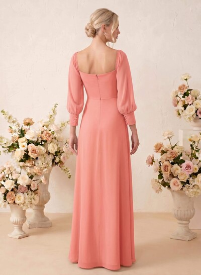 Long Sleeves Square Neckline Chiffon Bridesmaid Dresses With A-Line