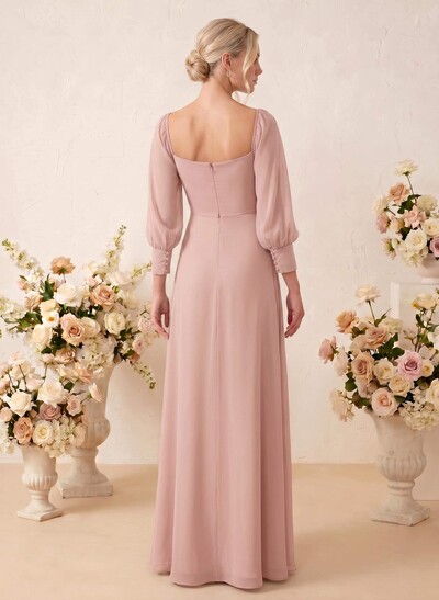 Long Sleeves Square Neckline Chiffon Bridesmaid Dresses With A-Line
