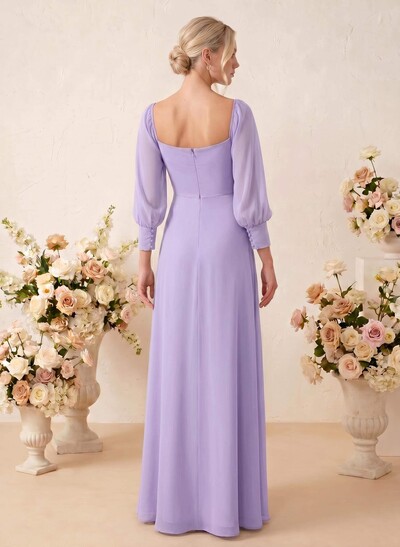 Long Sleeves Square Neckline Chiffon Bridesmaid Dresses With A-Line