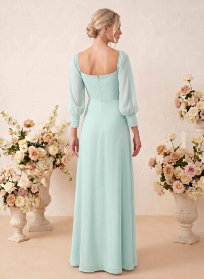Long Sleeves Square Neckline Chiffon Bridesmaid Dresses With A-Line