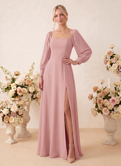 Long Sleeves Square Neckline Chiffon Bridesmaid Dresses With A-Line