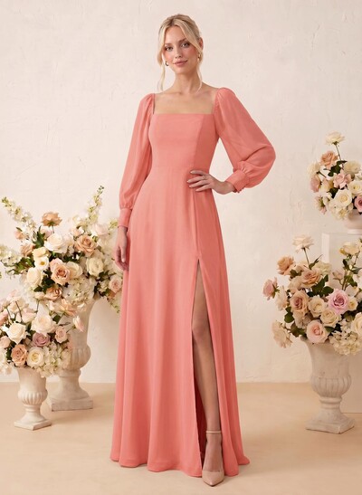 Long Sleeves Square Neckline Chiffon Bridesmaid Dresses With A-Line
