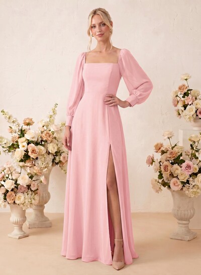 Long Sleeves Square Neckline Chiffon Bridesmaid Dresses With A-Line