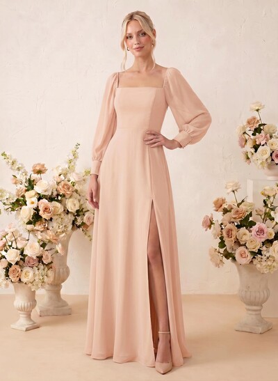Long Sleeves Square Neckline Chiffon Bridesmaid Dresses With A-Line