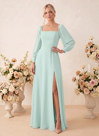 Long Sleeves Square Neckline Chiffon Bridesmaid Dresses With A-Line