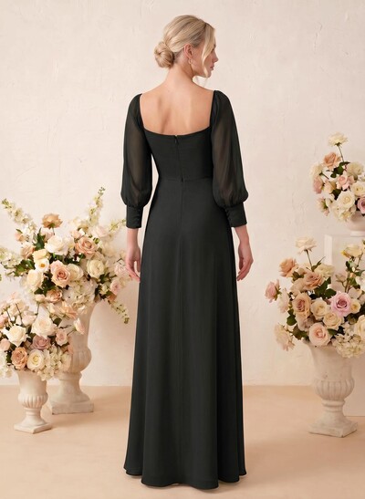 Long Sleeves Square Neckline Chiffon Bridesmaid Dresses With A-Line