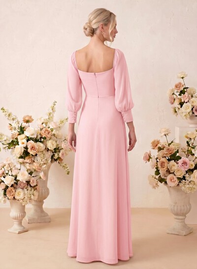 Long Sleeves Square Neckline Chiffon Bridesmaid Dresses With A-Line