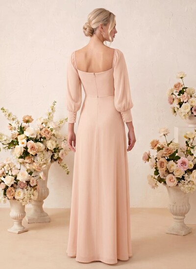Long Sleeves Square Neckline Chiffon Bridesmaid Dresses With A-Line