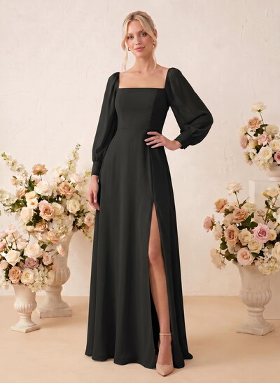 Long Sleeves Square Neckline Chiffon Bridesmaid Dresses With A-Line